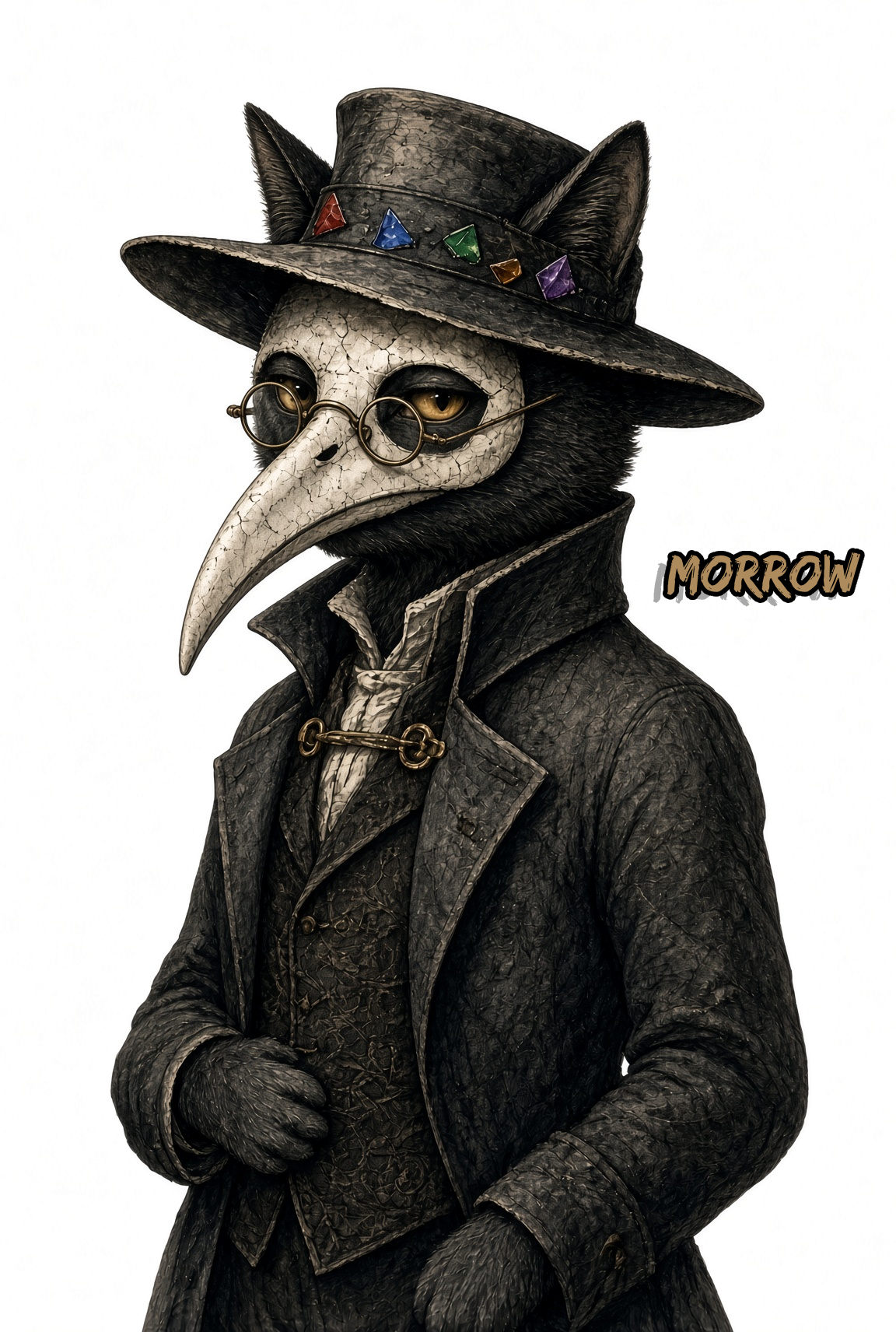 Morrow, a plague-doctor cat character from Glass & Fortune