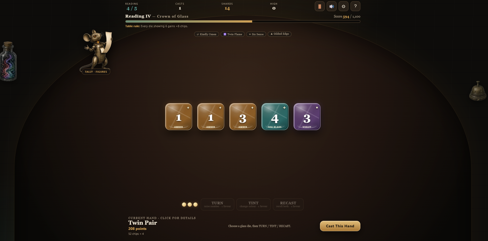Glass & Fortune gameplay showing a Twin Pair hand