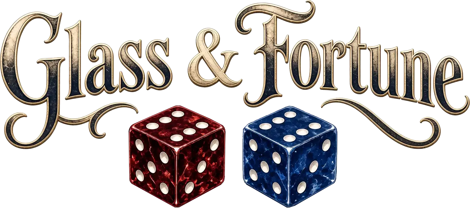 Glass & Fortune logo with red and blue glass dice