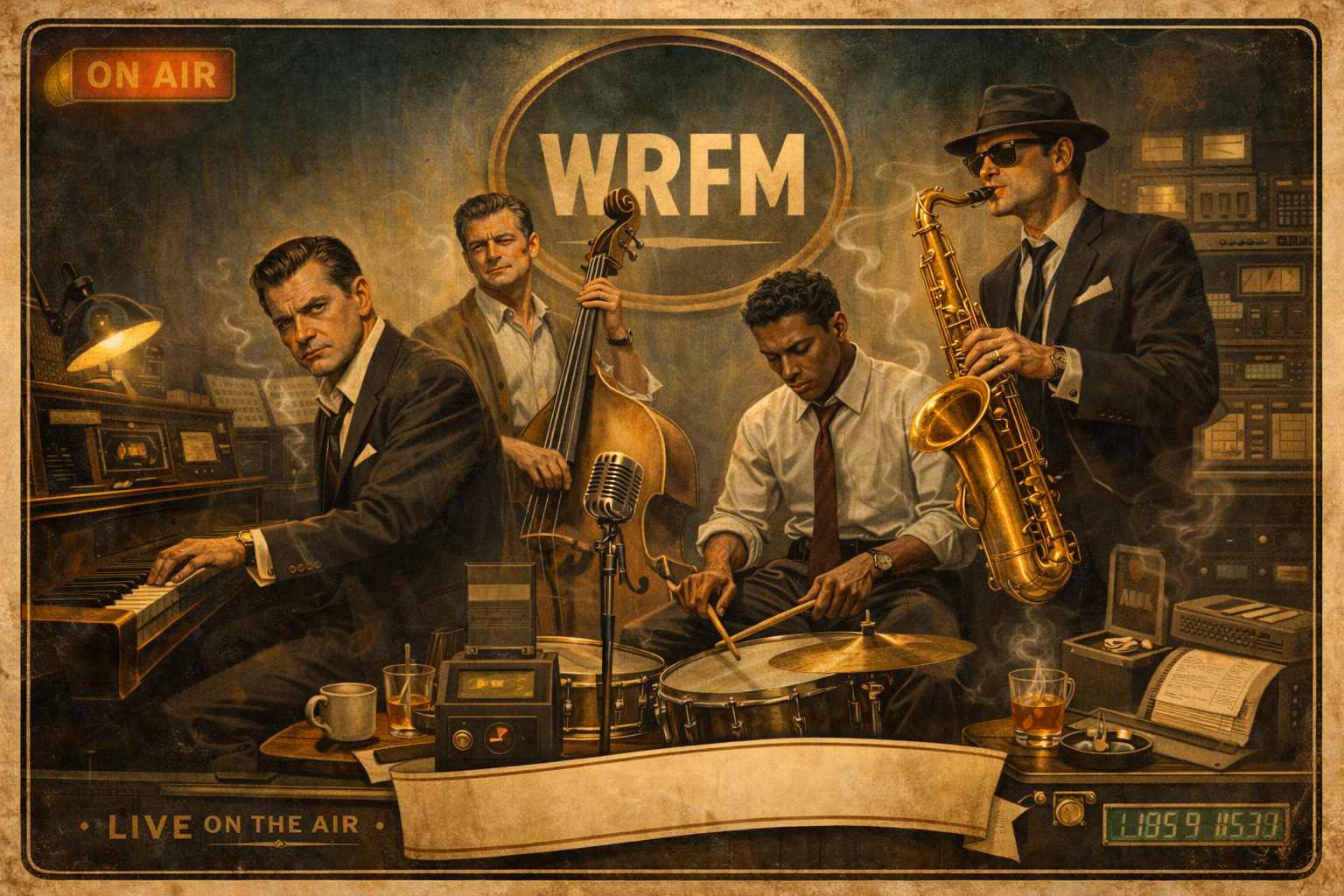 WRFM key art: a jazz quartet playing under an ON AIR sign in a 1950s radio studio